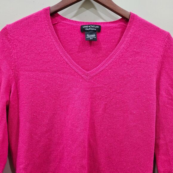 Lord & Taylor Womens Cashmere Sweater Hot Pink Small V-Neck Barbiecore Vibrant - Picture 2 of 9